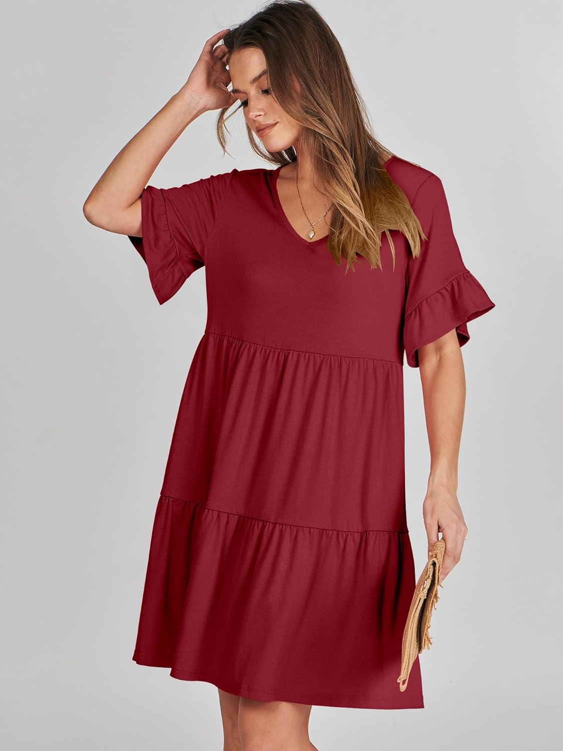 Size M ANRABESS Dresses for Women Summer 2026 V Neck Ruffle Sleeve A Line Tiered Flowy Casual Trendy Mini Beach Dress with Pockets